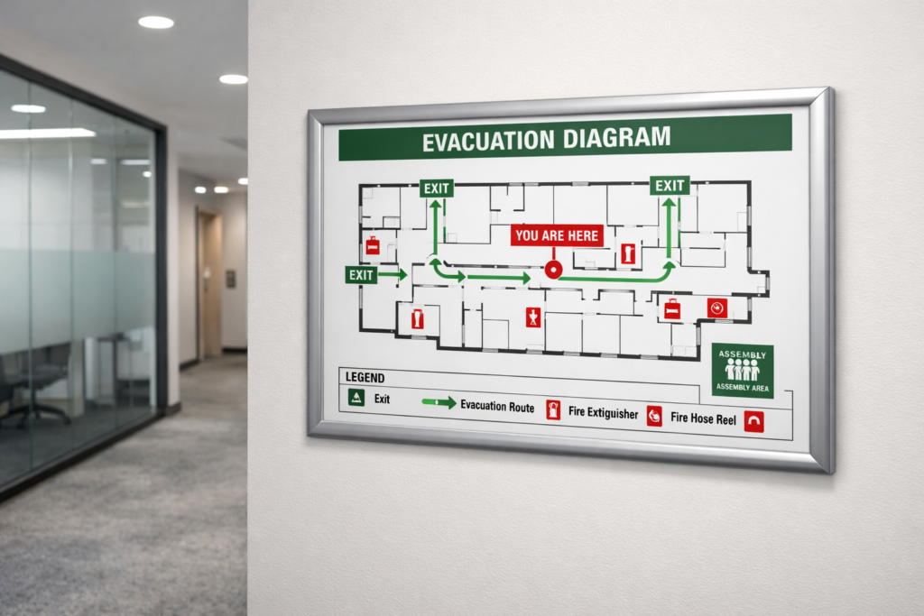 Evacuation diagram displayed in Australian commercial office corridor