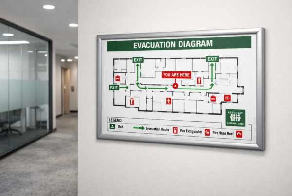 Evacuation diagram displayed in Australian commercial office corridor