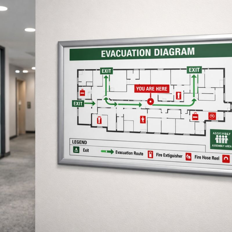 Evacuation diagram displayed in Australian commercial office corridor