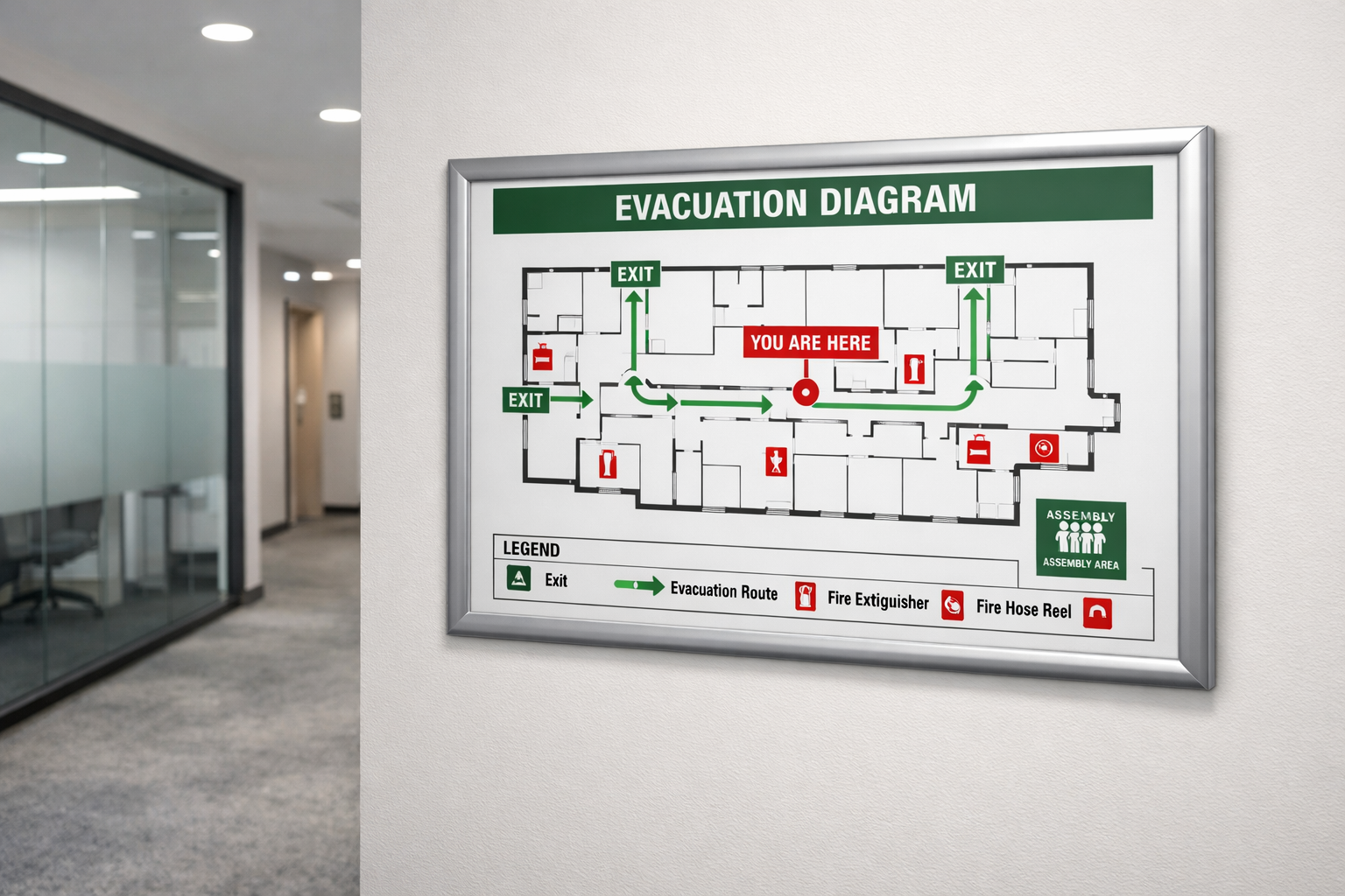 Evacuation diagram displayed in Australian commercial office corridor