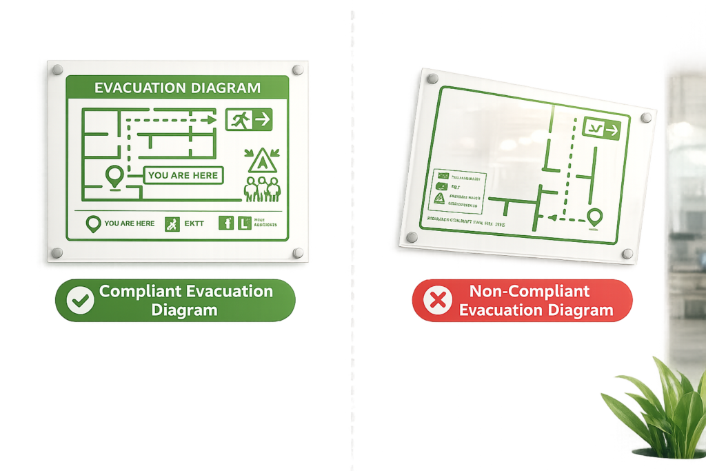 Non compliant evacuation diagram in Australian office identified during fire audit