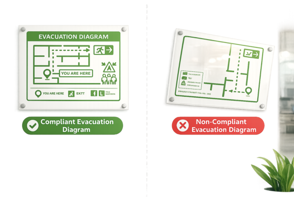 Non compliant evacuation diagram in Australian office identified during fire audit