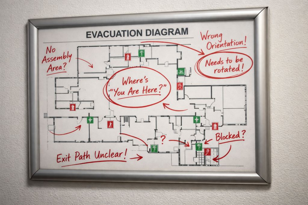 Evacuation diagram with highlighted compliance issues including incorrect orientation, missing “You Are Here” marker and unclear exit paths that may fail a fire safety audit