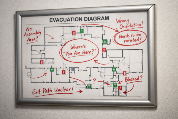 Evacuation diagram with highlighted compliance issues including incorrect orientation, missing “You Are Here” marker and unclear exit paths that may fail a fire safety audit
