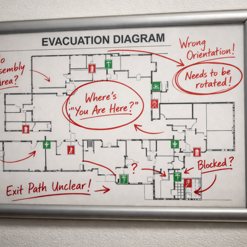 Evacuation diagram with highlighted compliance issues including incorrect orientation, missing “You Are Here” marker and unclear exit paths that may fail a fire safety audit