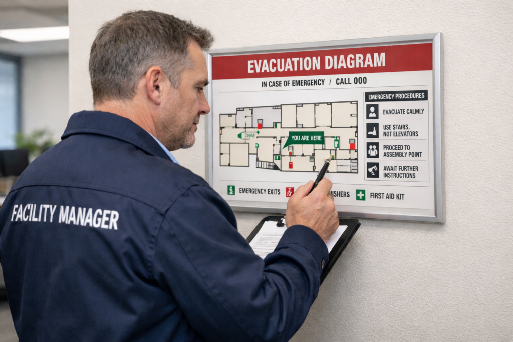 Facility manager reviewing evacuation diagram to meet AS 3745 update requirements