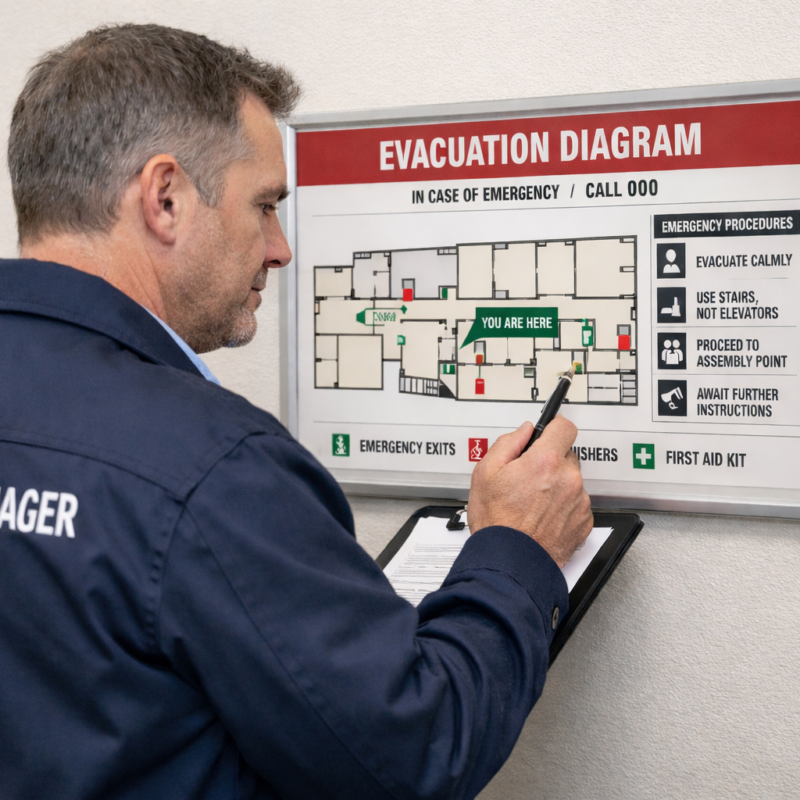 Facility manager reviewing evacuation diagram to meet AS 3745 update requirements