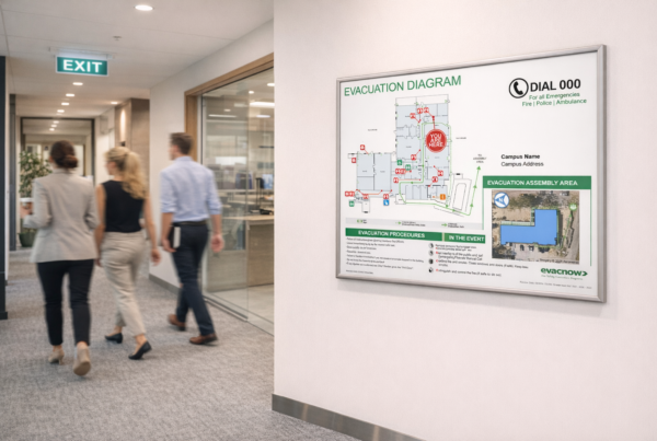 Evacuation diagram displayed in Australian small business office near exit