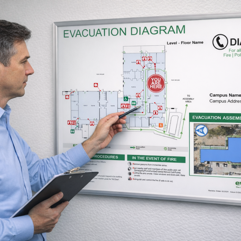 Facility manager reviewing evacuation diagram to meet AS 3745 update requirements