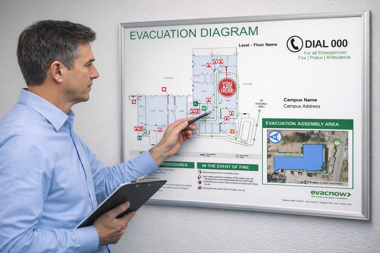 Facility manager reviewing evacuation diagram to meet AS 3745 update requirements