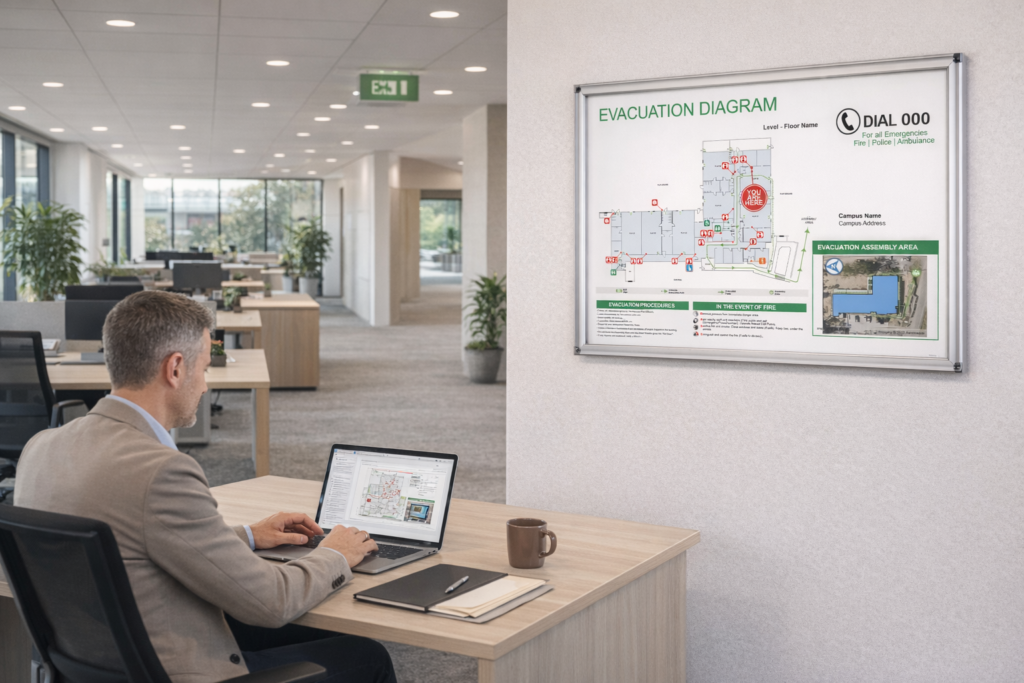 Facility manager buying evacuation diagrams online for Australian commercial building