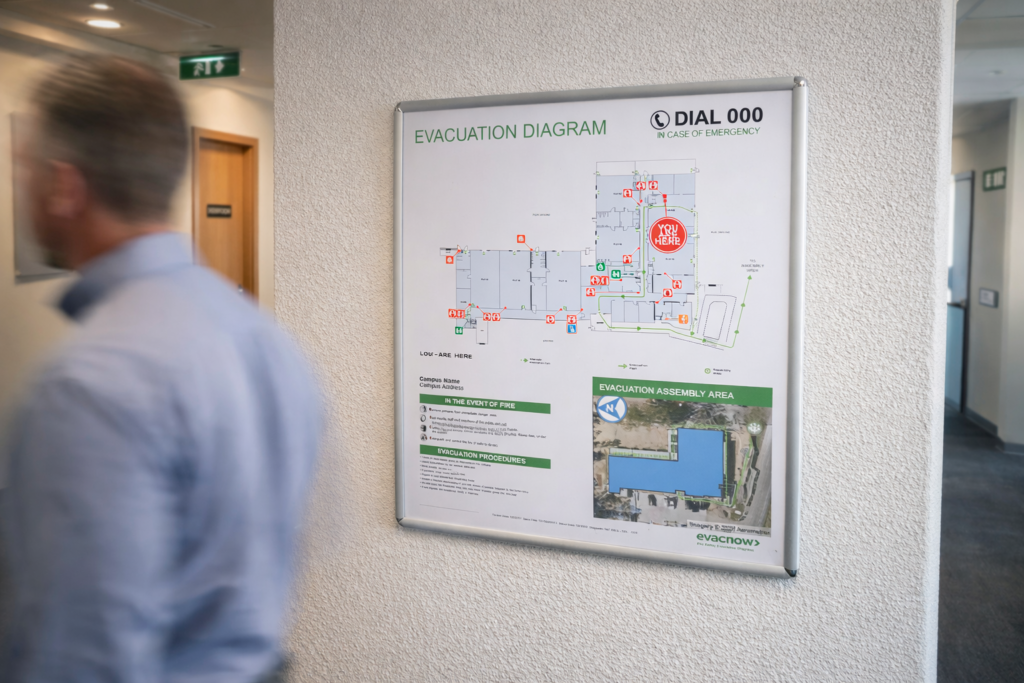 Real evacuation diagram installed in Brisbane office corridor showing exits and assembly area