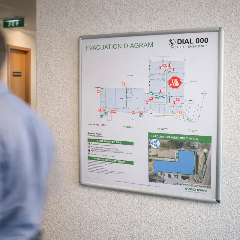 Real evacuation diagram installed in Brisbane office corridor showing exits and assembly area
