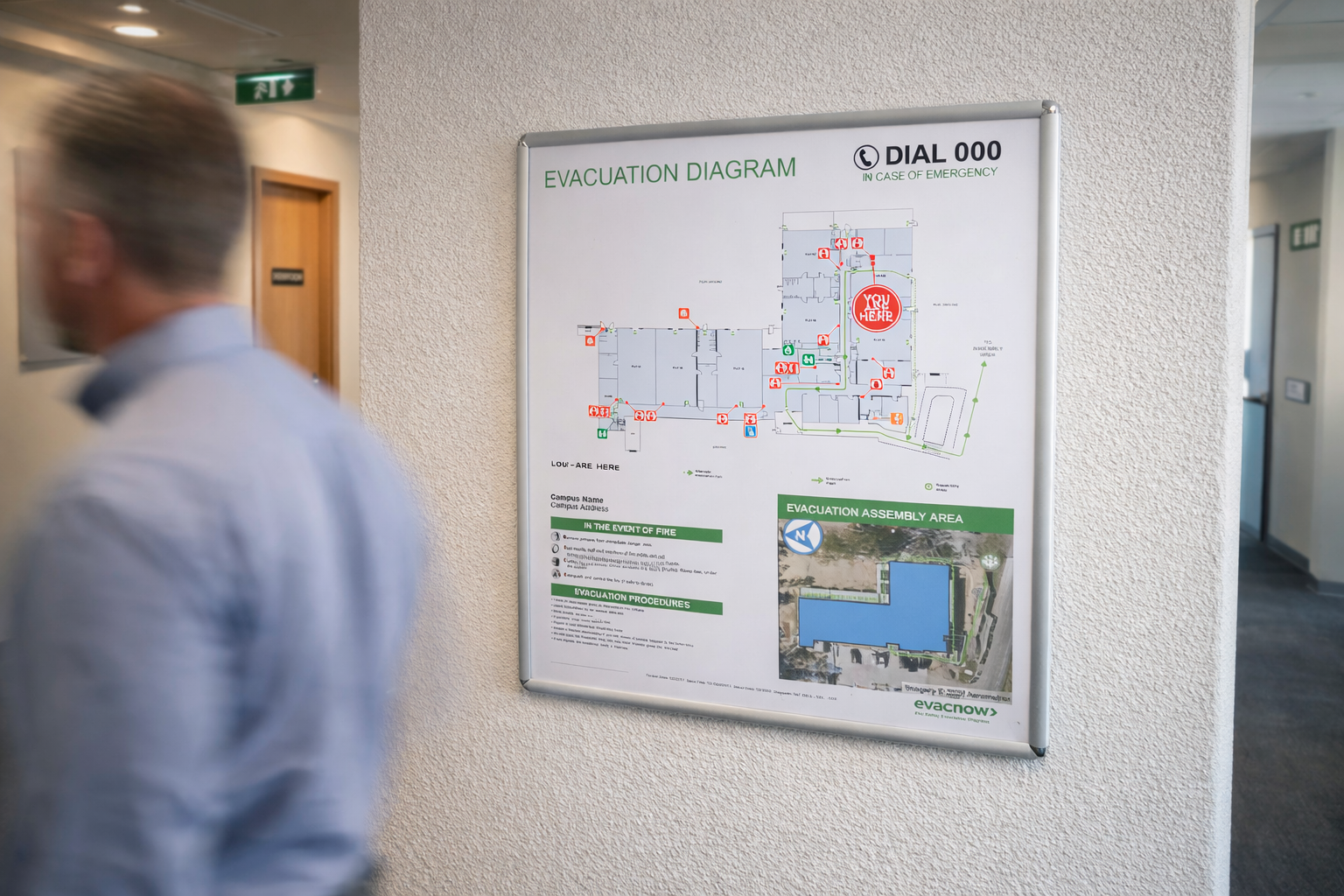 Real evacuation diagram installed in Brisbane office corridor showing exits and assembly area
