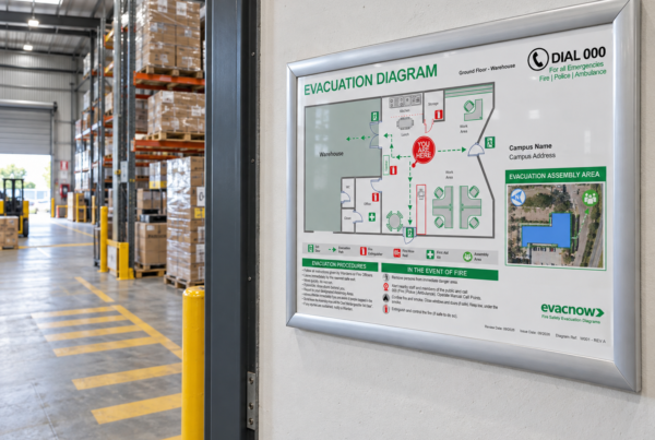 Framed evacuation diagram mounted beside a warehouse entrance, showing evacuation routes, fire equipment and the assembly area.