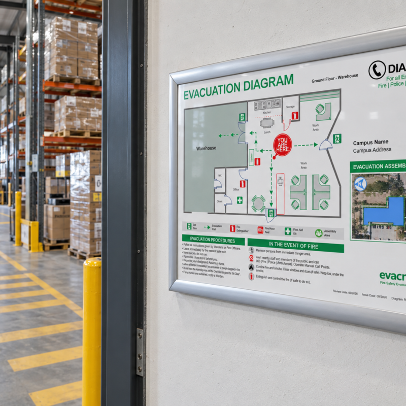 Framed evacuation diagram mounted beside a warehouse entrance, showing evacuation routes, fire equipment and the assembly area.
