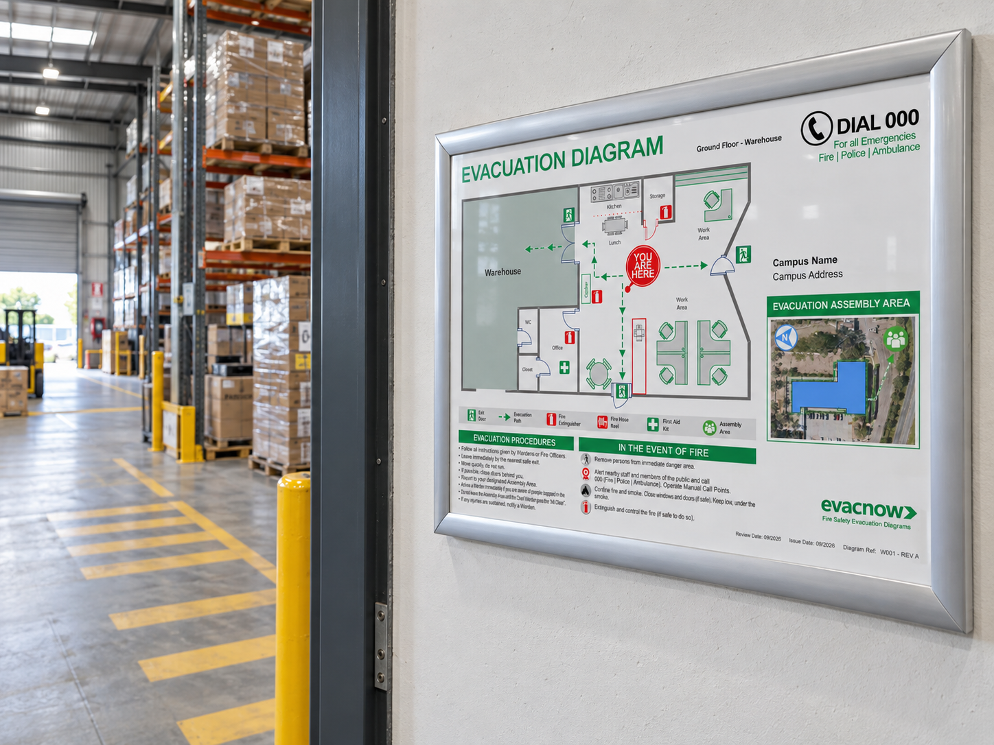 Framed evacuation diagram mounted beside a warehouse entrance, showing evacuation routes, fire equipment and the assembly area.