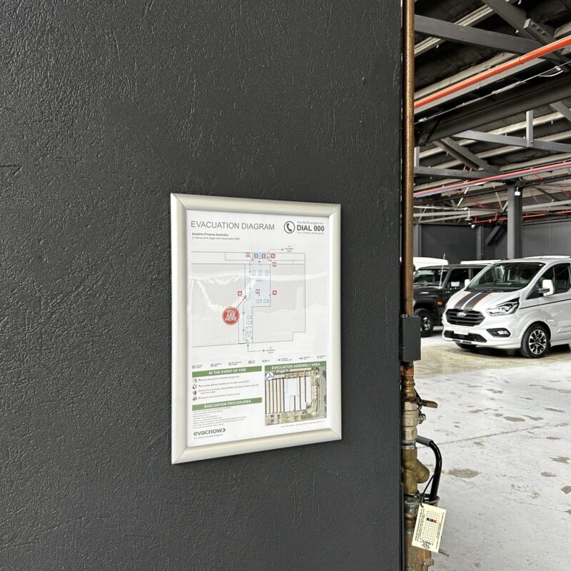Printed evacuation diagrams and snap frames